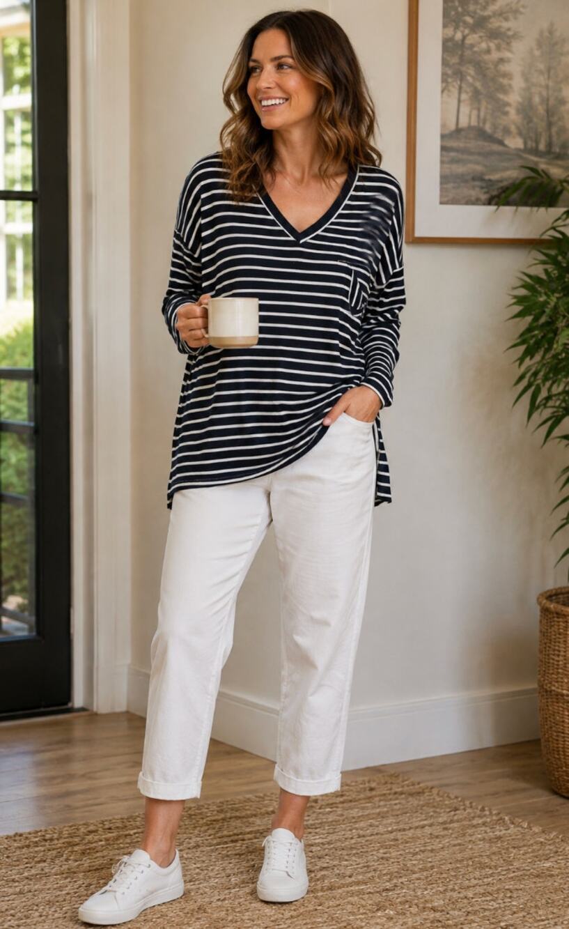 Umgee Women's Striped Long Sleeve V Neck Patch Pocket Nautical Coastal Shirt S